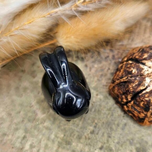 Nature Obsidian Hand Carved Bunny Decor Figure - Picture 3 of 10